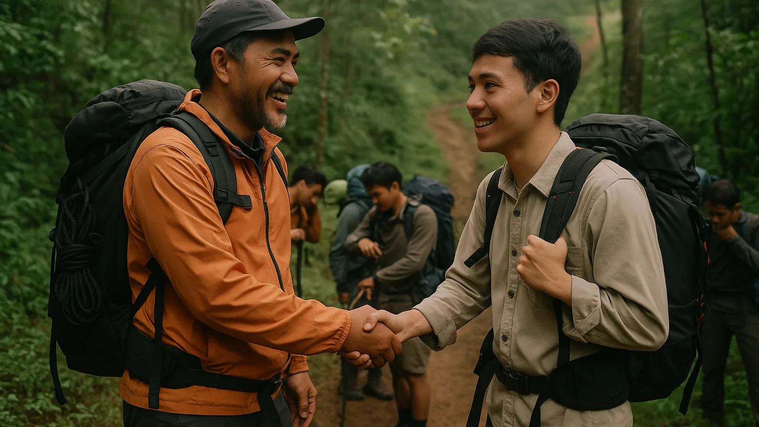 An experienced hiker introducing a nervous newcomer to the group before a weekend trek at a mountain trailhead near Bandung