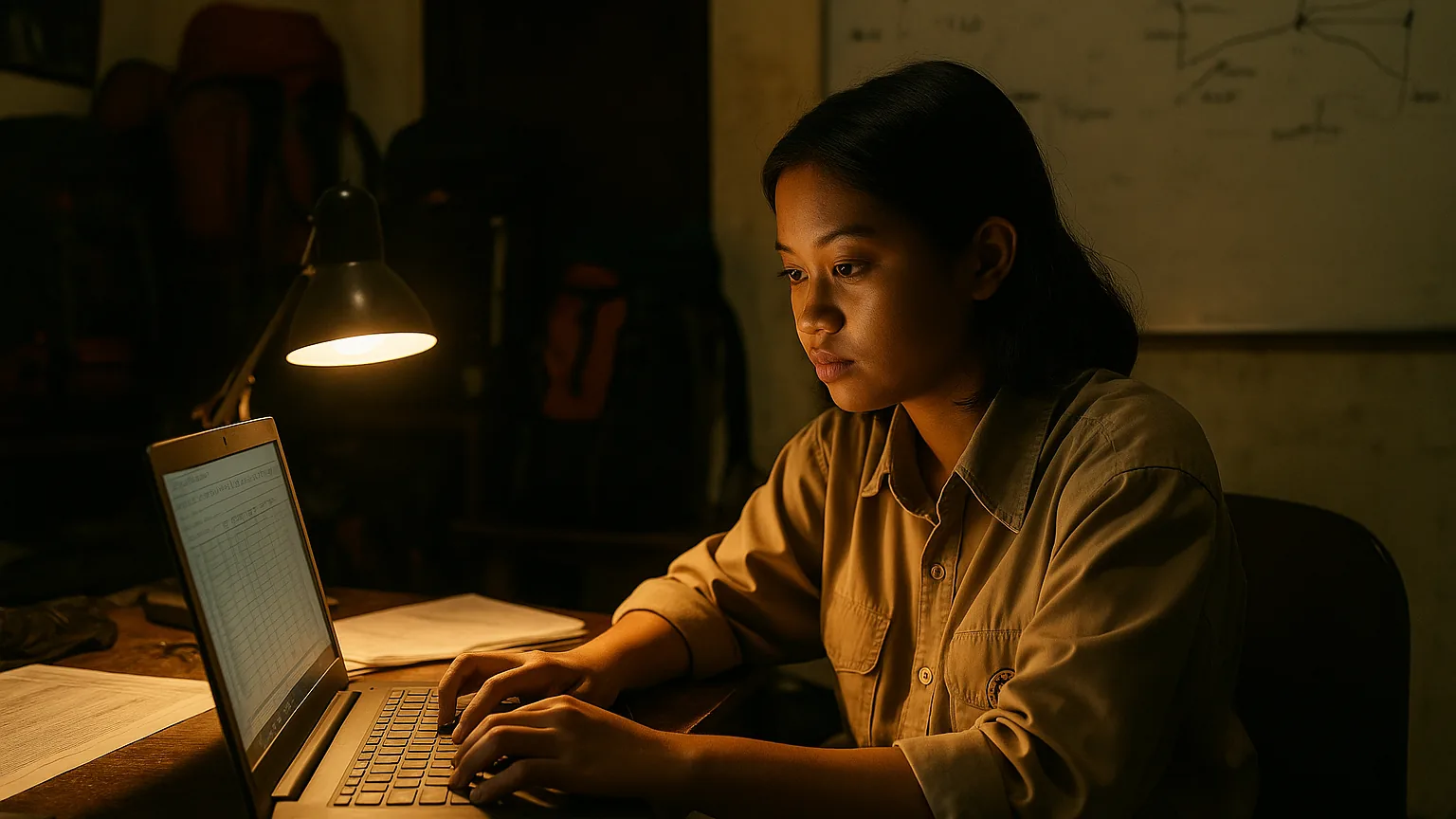 Sekretaris klub mahasiswa bekerja larut di depan laptop, merawat spreadsheet daftar anggota dan iuran di ruang sekretariat kampus