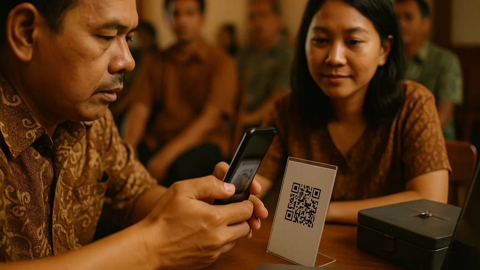 A koperasi member paying monthly dues by scanning a QRIS code on their phone at a community meeting