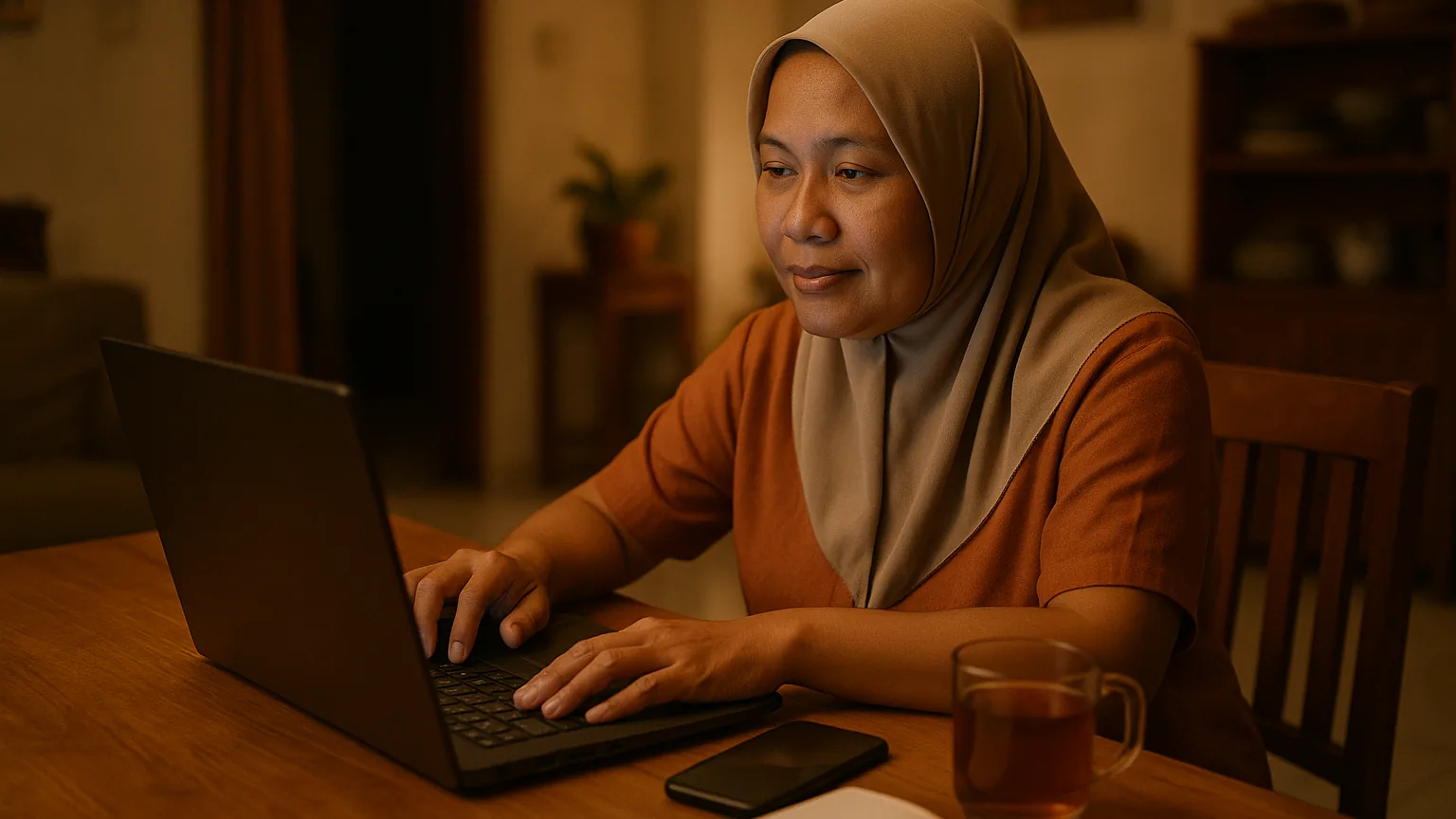 A community cooperative treasurer trying out membership software on a laptop at home, phone beside her