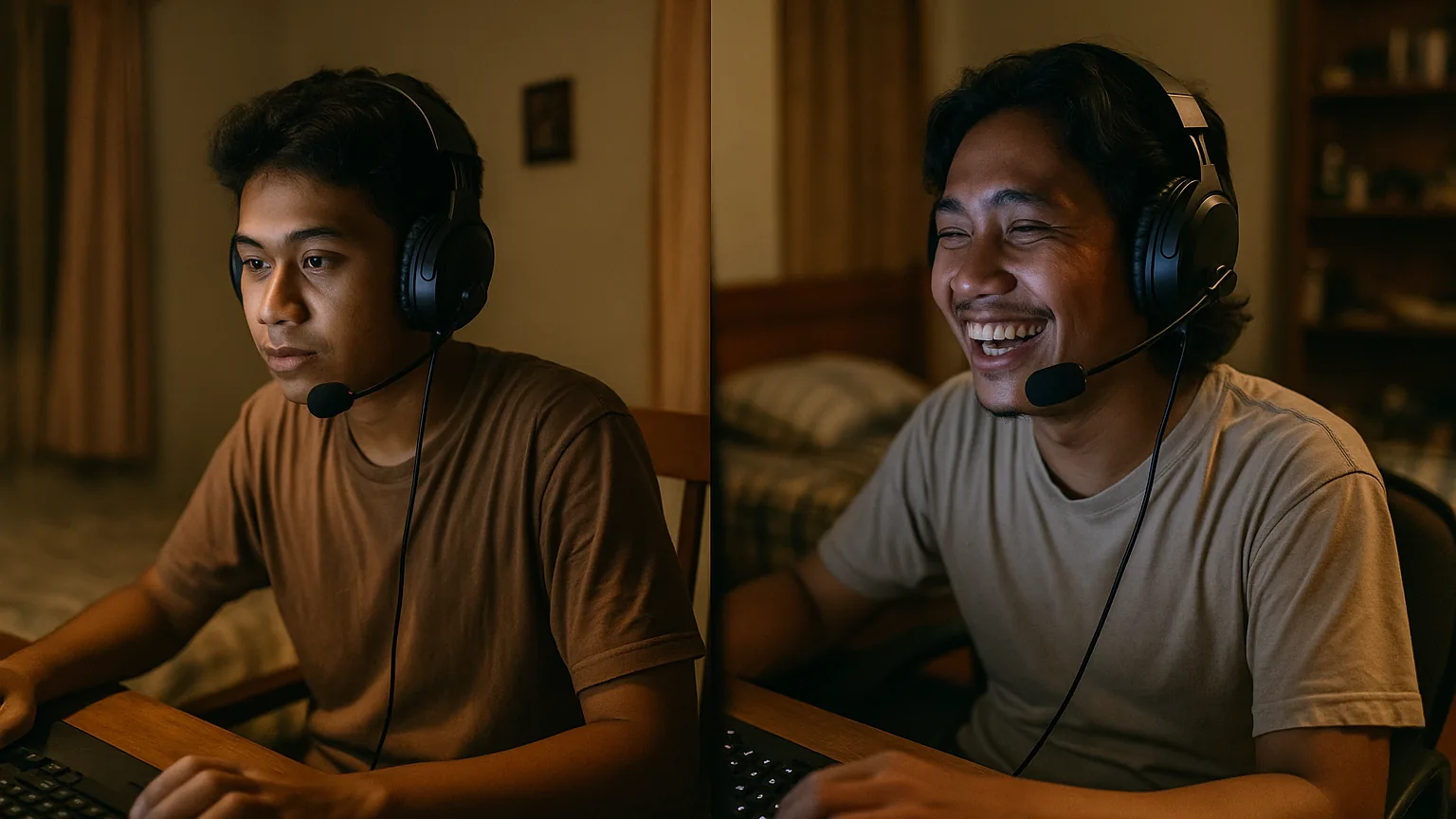 Anak-anak muda Indonesia bermain game di rumah pada malam hari, memakai headset dan saling bicara di kanal suara sambil bermain