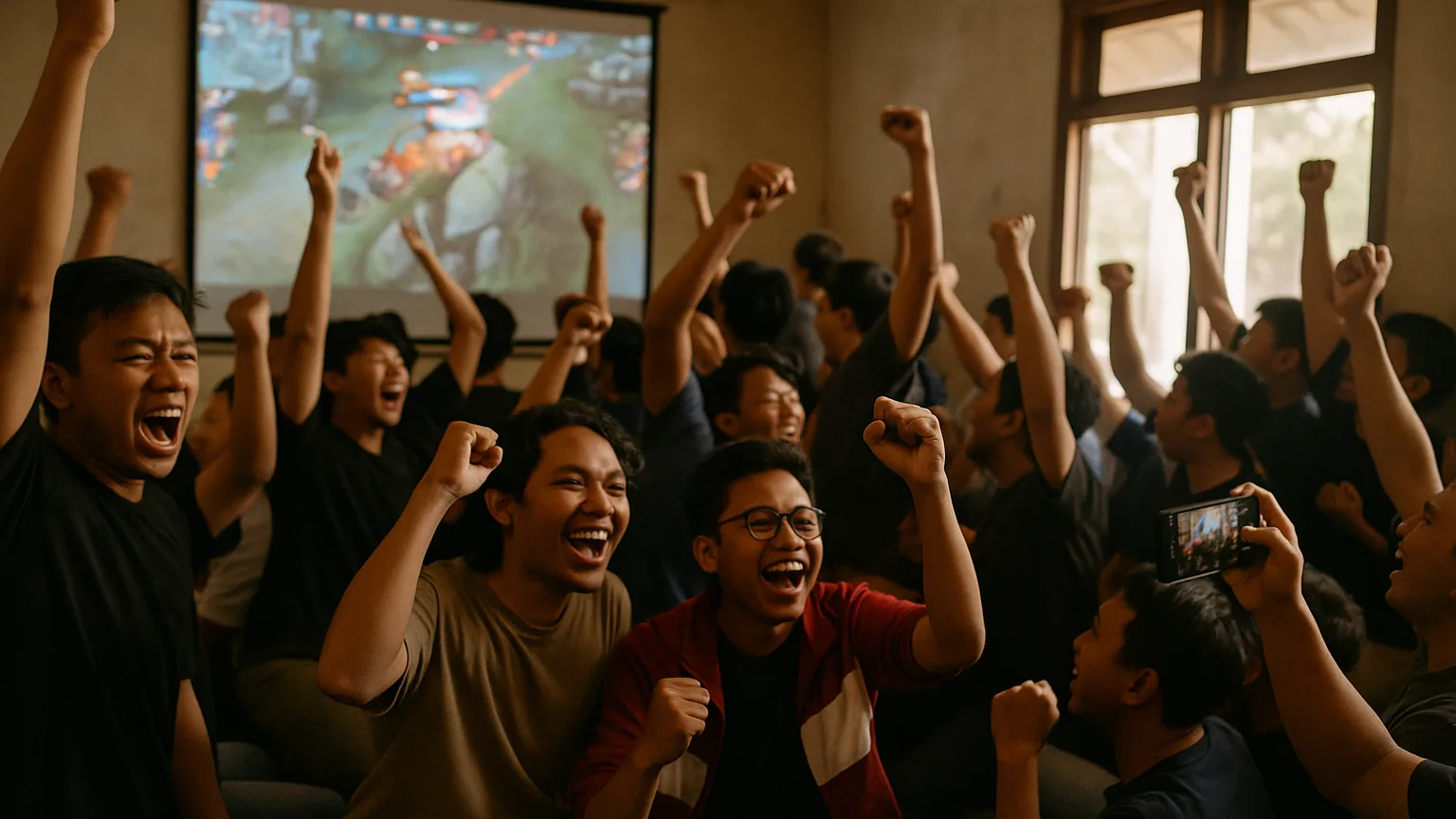 Sekelompok penggemar esports Indonesia berkumpul menonton final turnamen di layar besar sambil bersorak