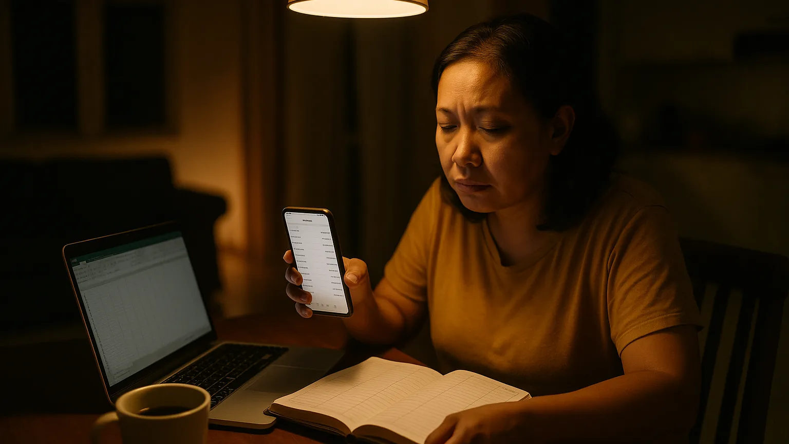 Bendahara arisan mencocokkan transfer bank dengan buku kas kertas larut malam