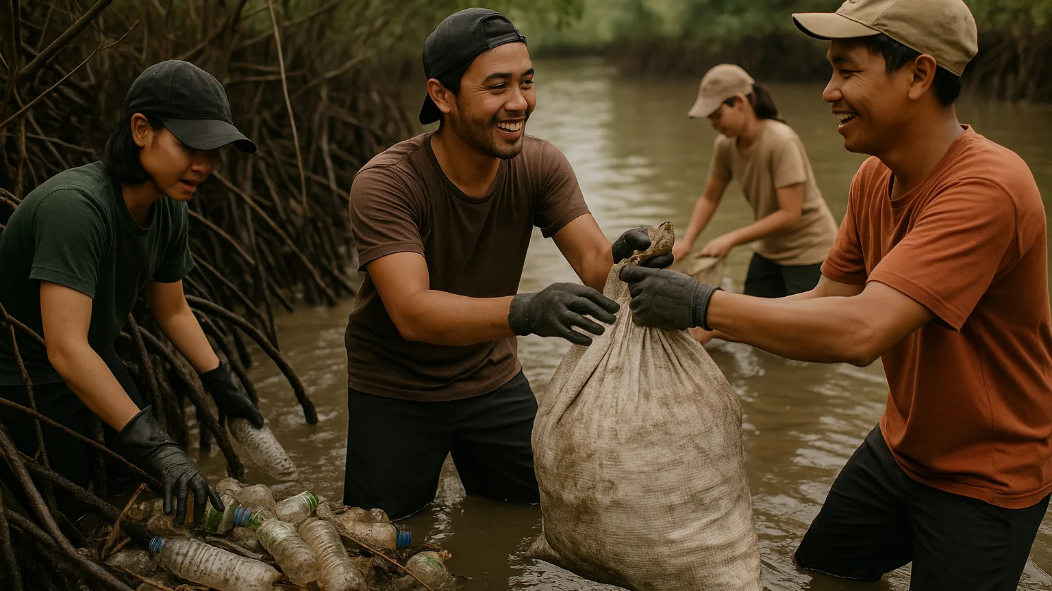 Volunteers wading through a mangrove estuary hauling out plastic waste during a community clean-up