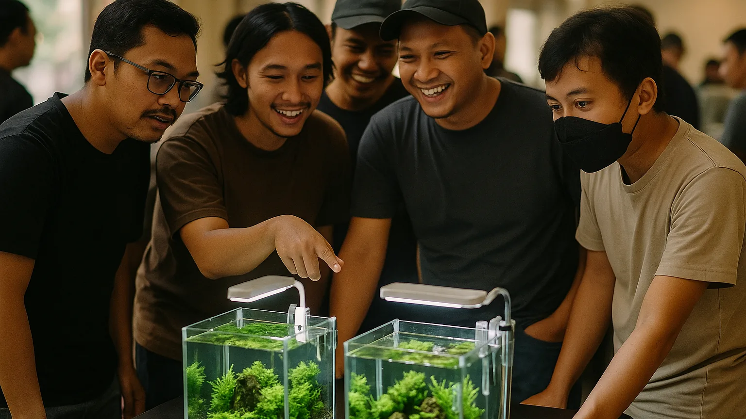 Aquascaping community members gathered around planted aquarium tanks at a meetup, discussing their layouts