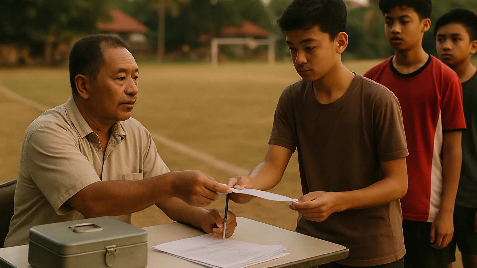 Seorang pria duduk di meja lipat di pinggir lapangan menyerahkan formulir cetak dan pulpen kepada seorang remaja, sementara yang lain menunggu di belakang