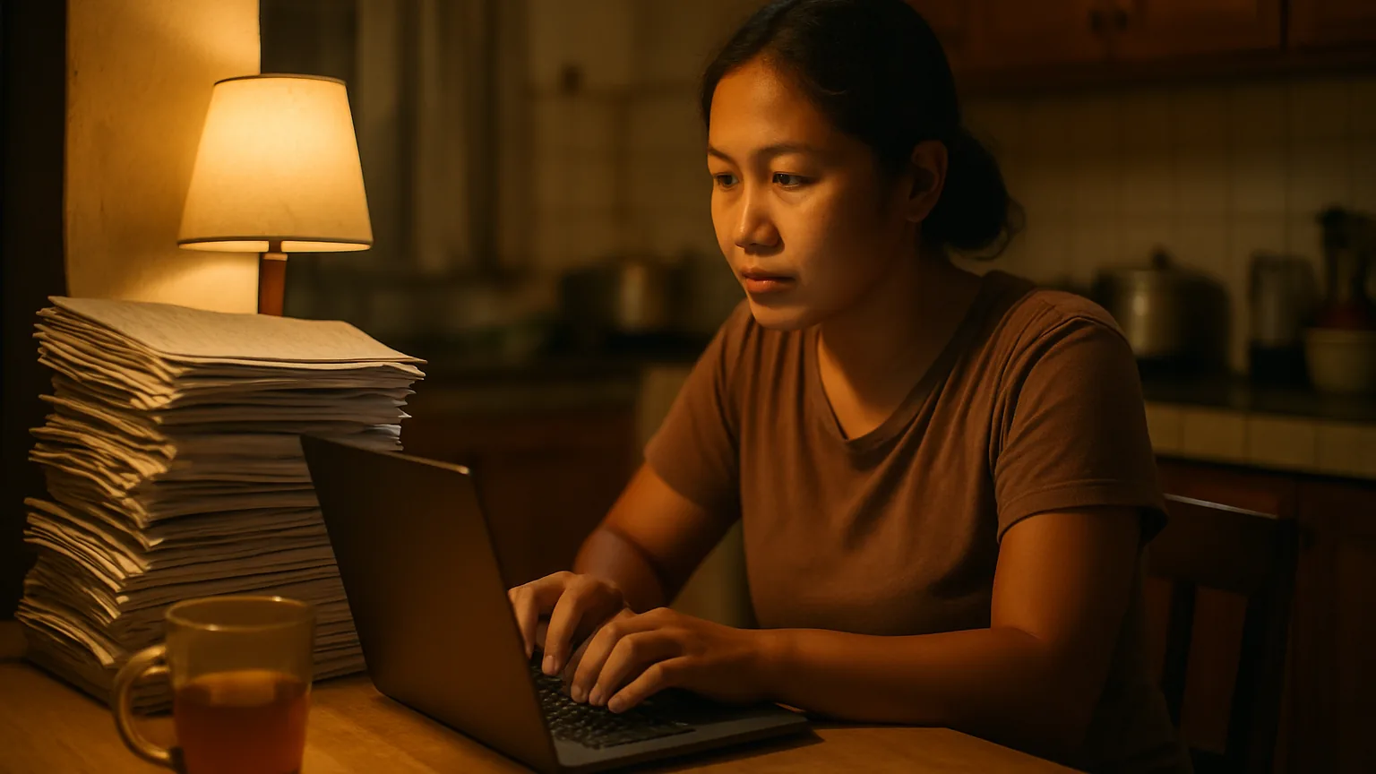 Seorang perempuan di meja makan mengetik nama-nama dari setumpuk formulir kertas tulisan tangan ke laptop