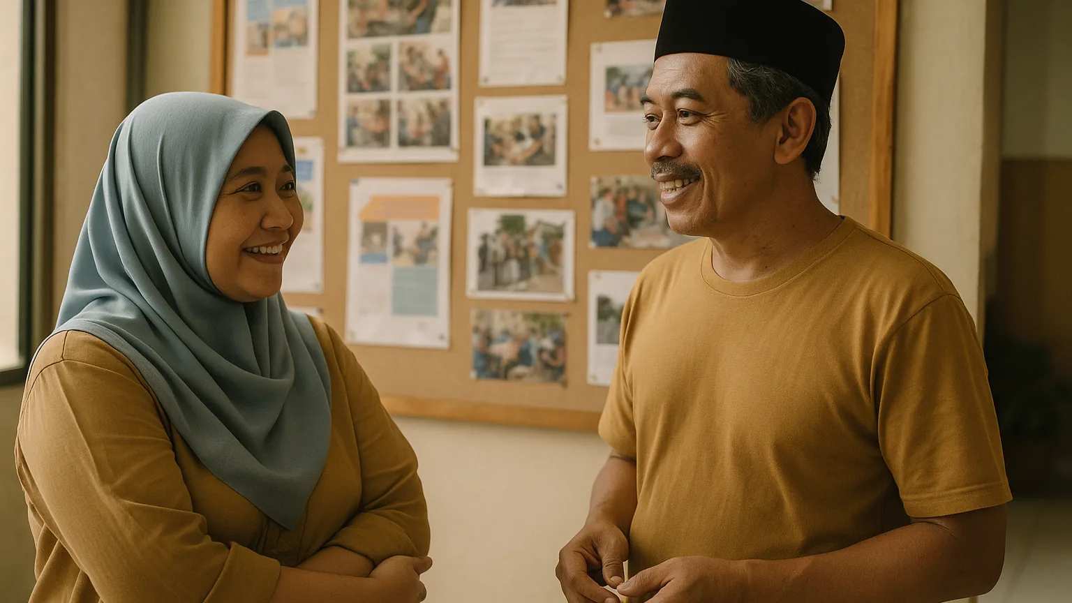 Members chatting near a community club noticeboard