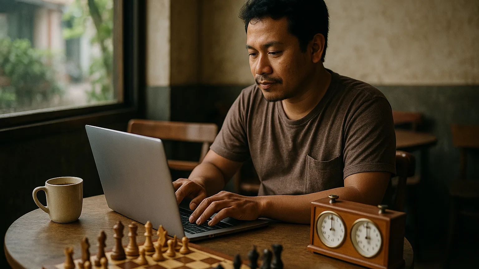 A chess club organiser drafting an email on a laptop with a chessboard and clock beside them