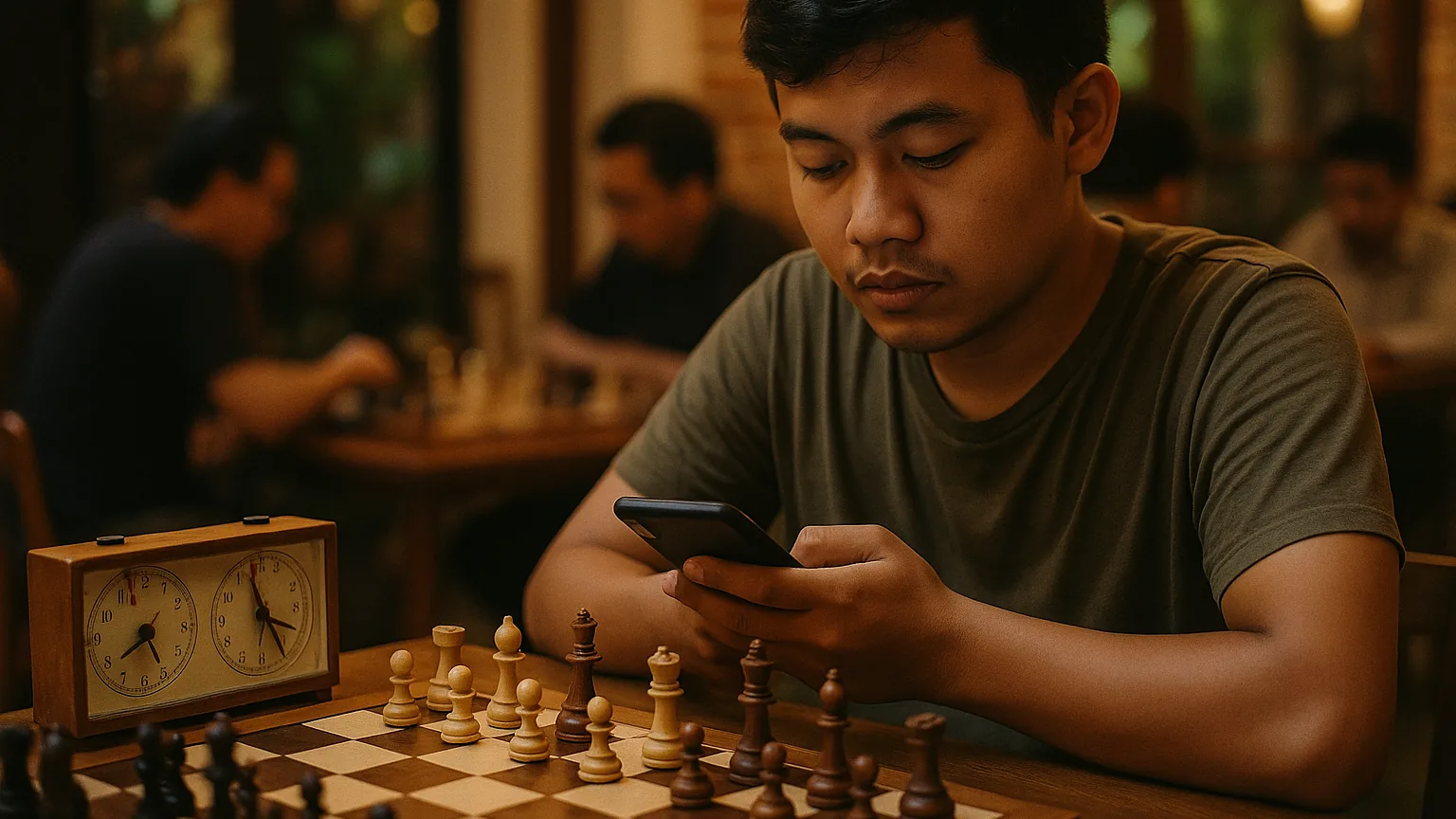 A chess player mid-game glancing at a phone notification beside the board and clock