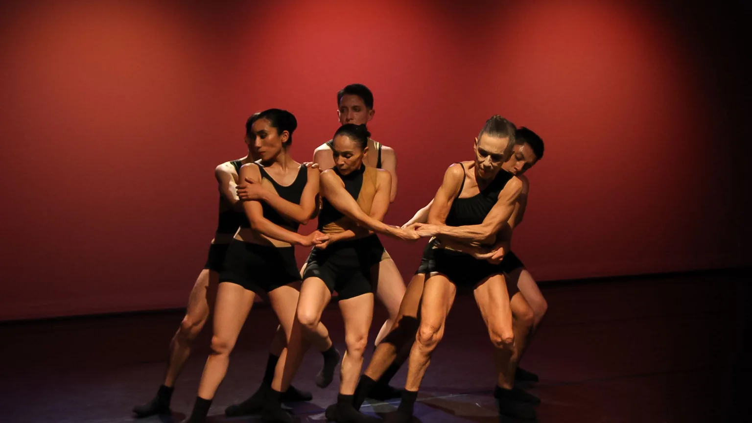 A dance group performing contemporary choreography on stage
