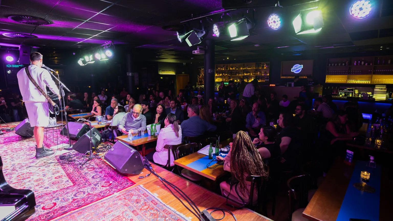 A small, packed venue gig, a band playing to a warm crowd