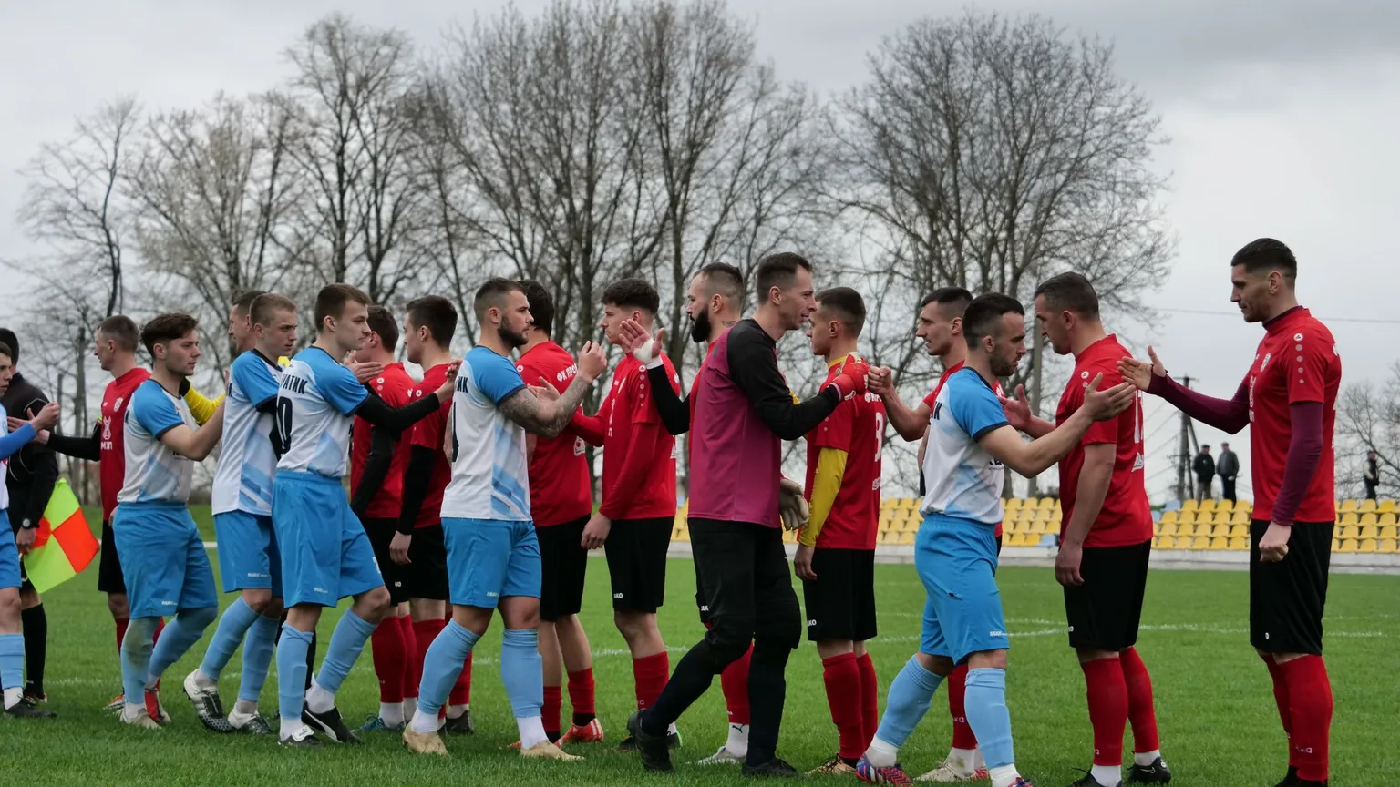 Two teams shaking hands along the line before a match