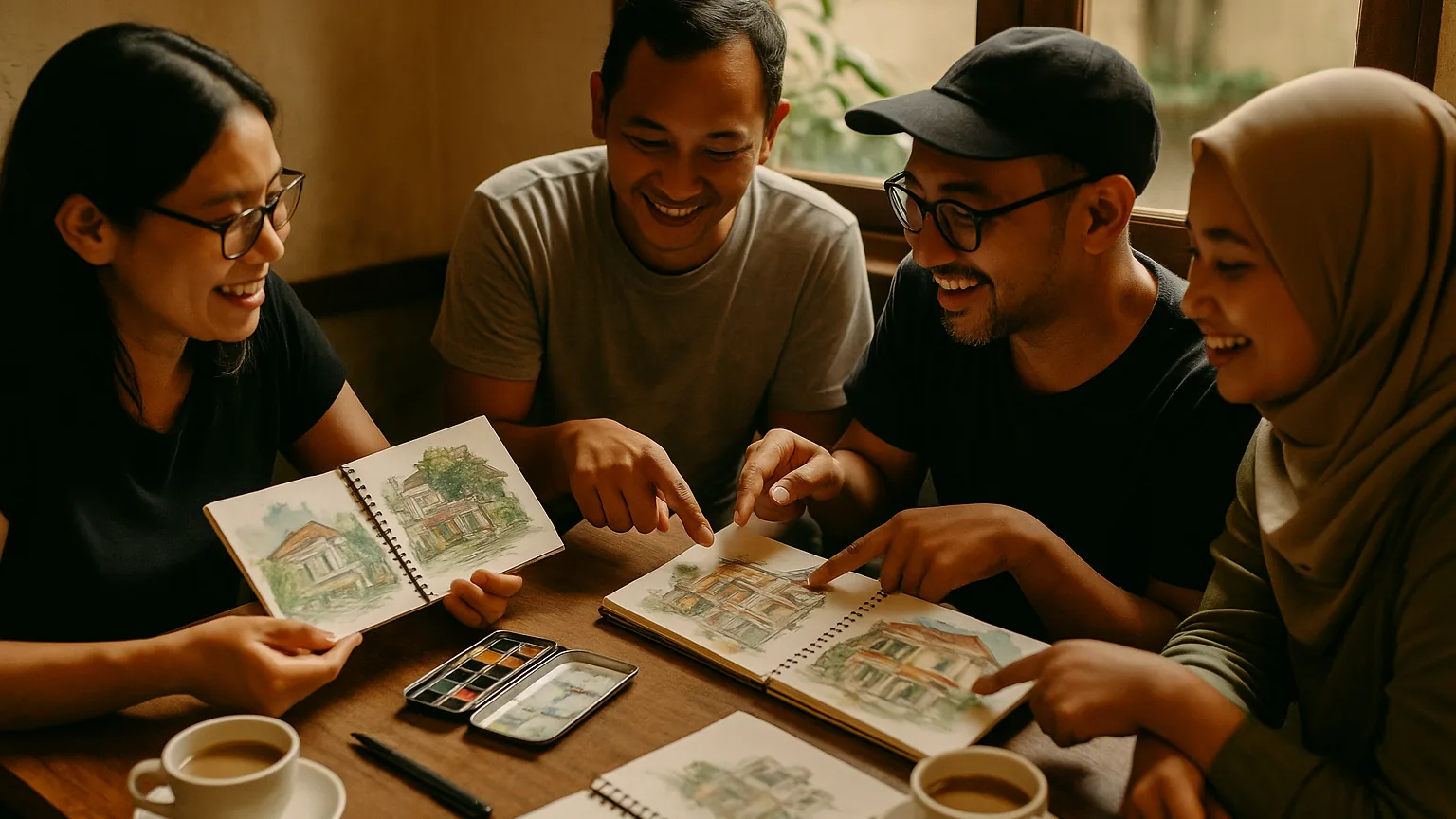Kelompok kecil urban sketcher yang berkomitmen membandingkan halaman cat air yang sudah jadi di meja kafe