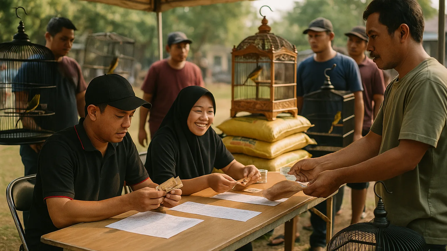 A club committee running the registration desk at a songbird competition, collecting entry tickets with doorprize prizes stacked behind them