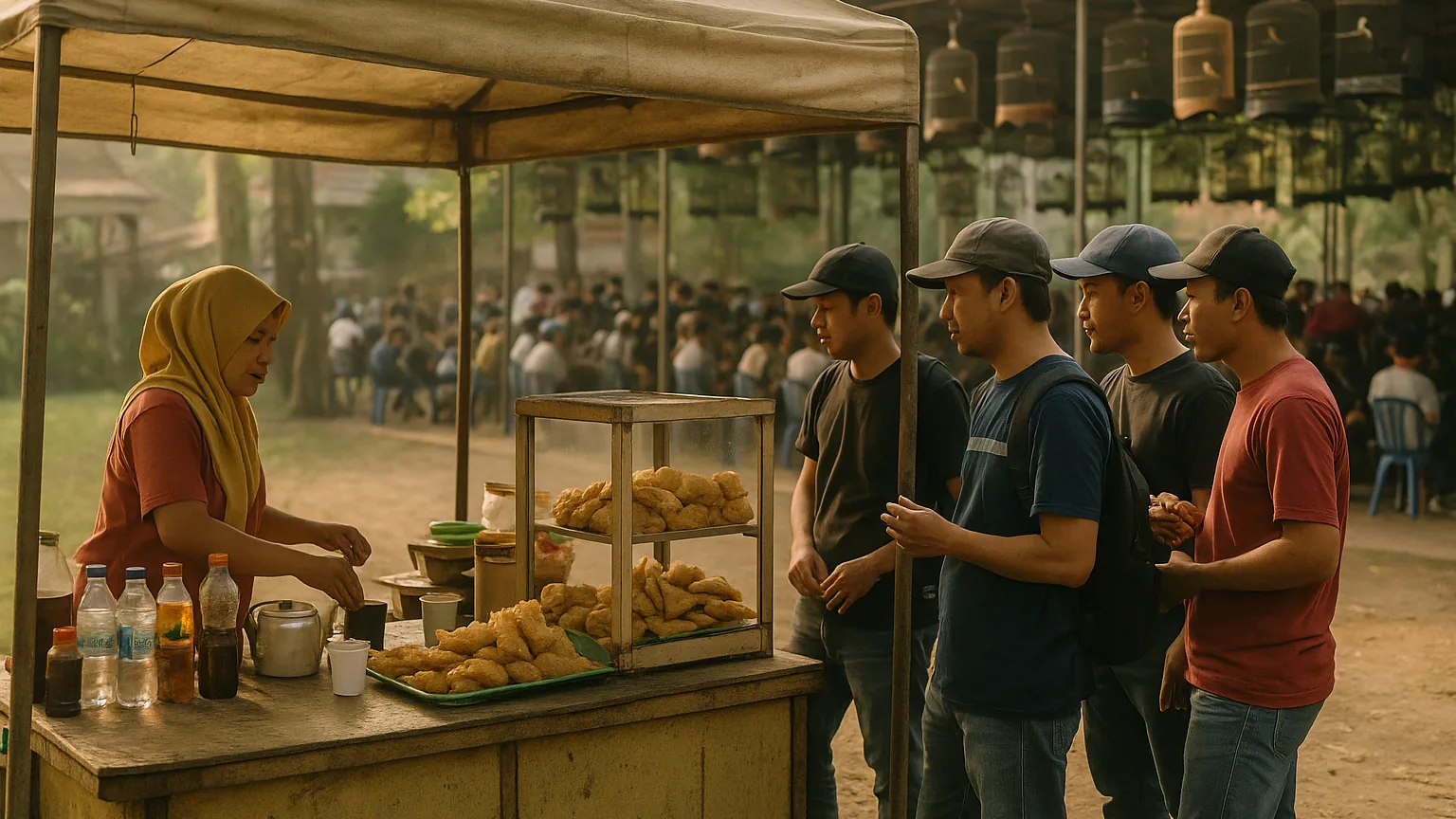 Food and drink stalls set up beside the gantangan at a songbird competition, with bird keepers buying coffee and snacks between rounds