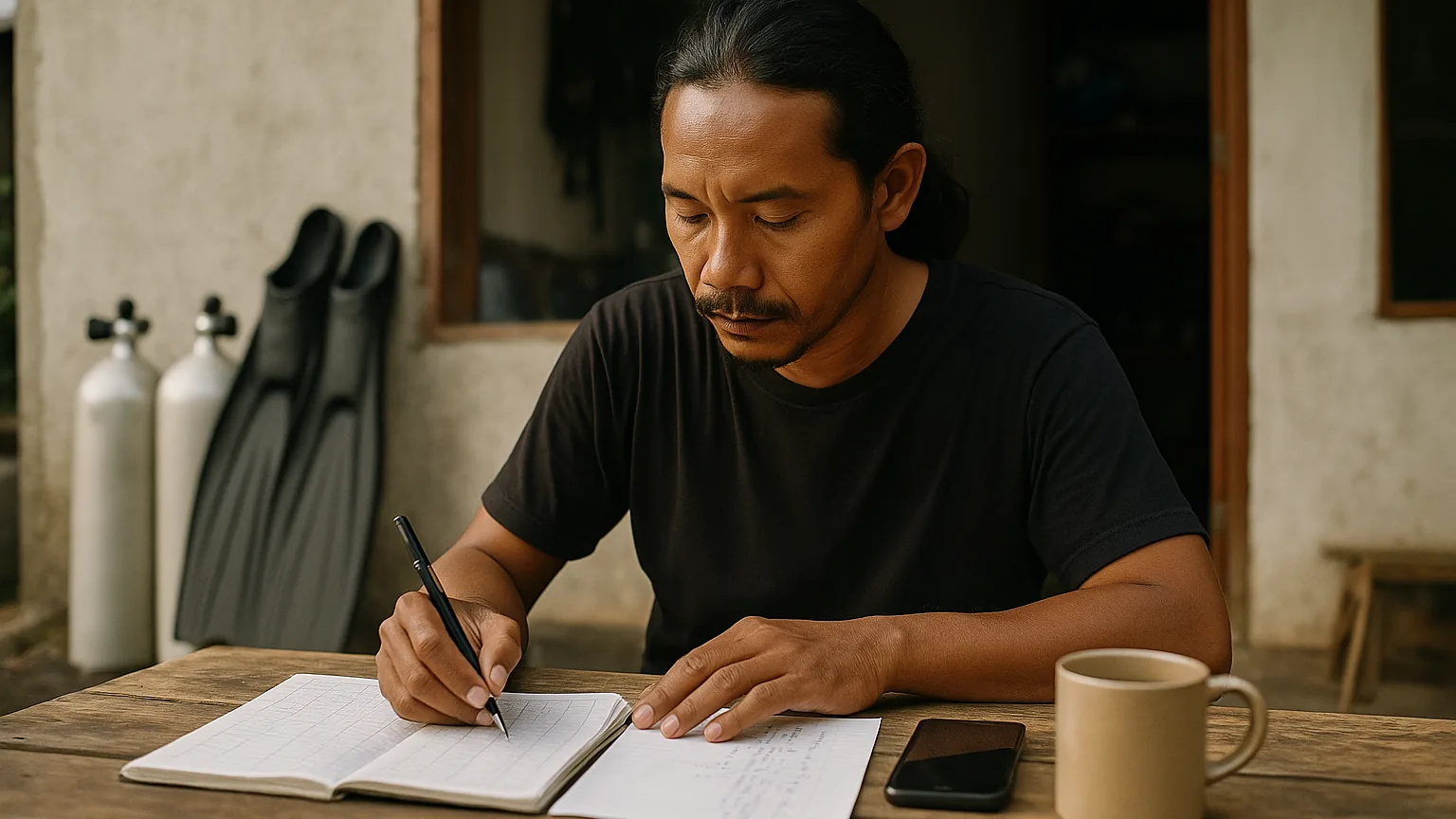 A dive community organiser at a shopfront table going over a membership logbook and figures next to scuba tanks and freediving fins
