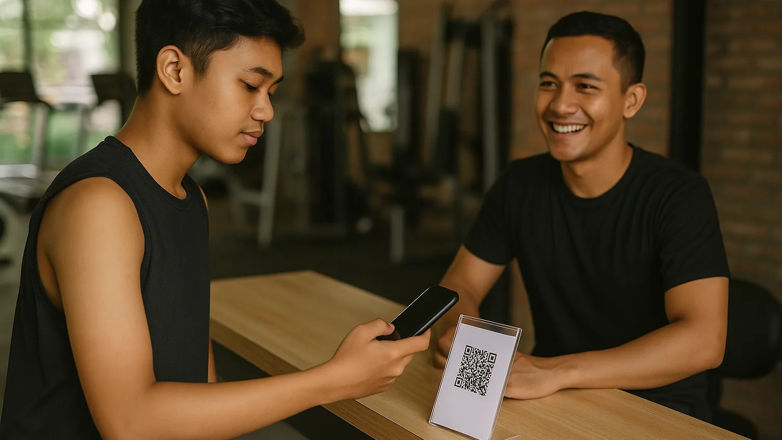 A gym member scanning a QRIS code with their phone at the front desk of a community fitness studio