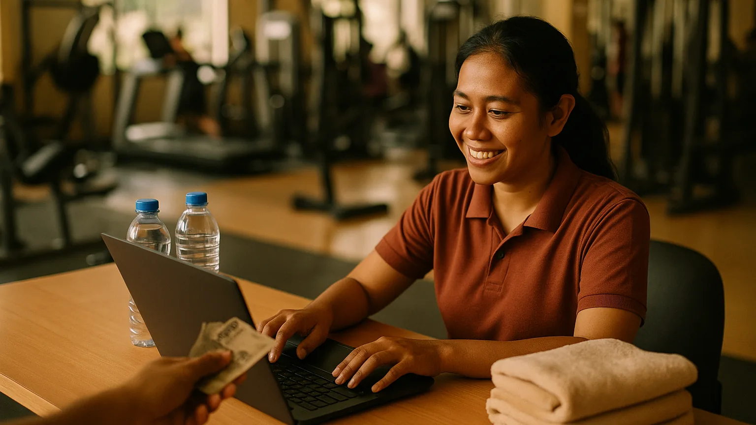 A gym manager at the front desk recording a cash membership payment on a laptop