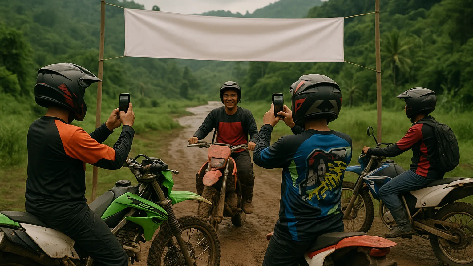 Rombongan rider trail berkumpul di titik kumpul berlumpur di samping spanduk sponsor sederhana sebelum jelajah
