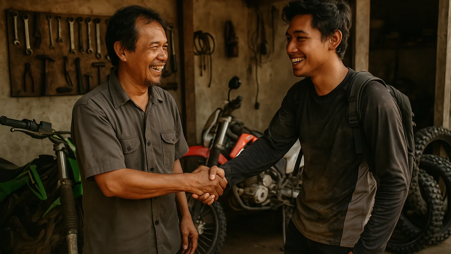 Pemilik bengkel berjabat tangan dengan seorang rider trail di samping motor-motor, keduanya tersenyum