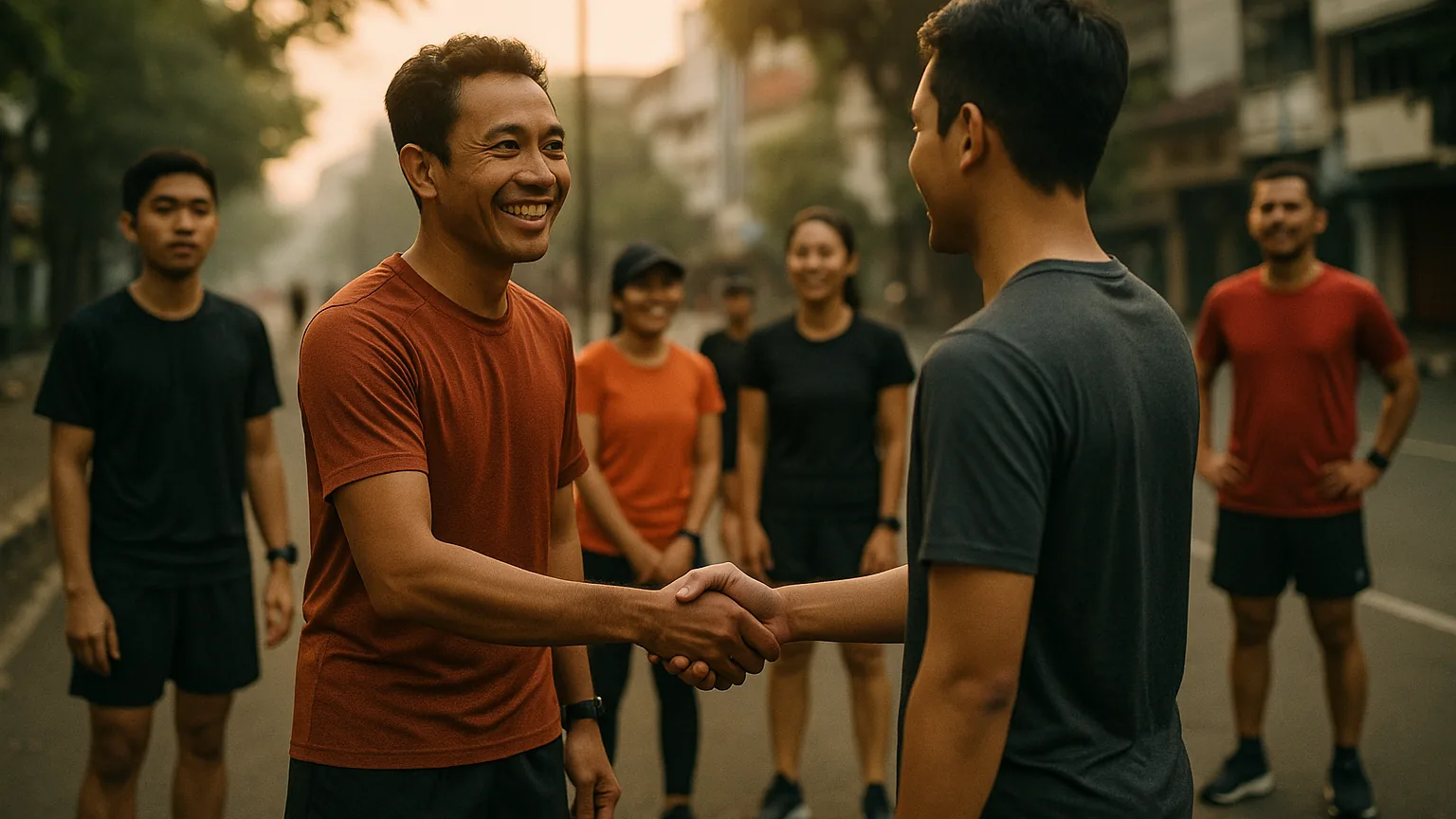 A runner introducing a friend to the group at an early-morning community run