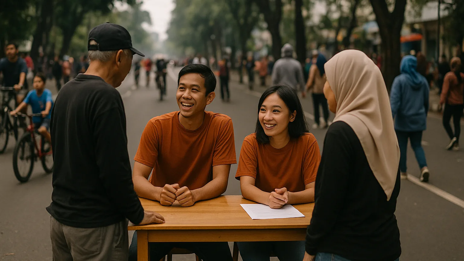 Community members running a small welcome table at a Sunday car-free-day event