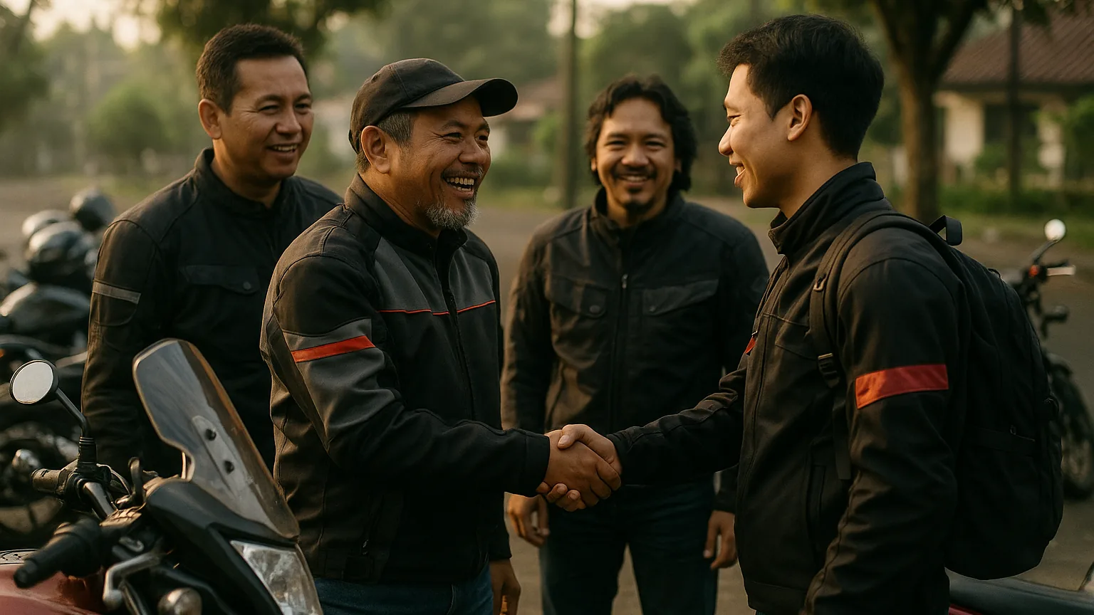 Experienced riders welcoming and introducing themselves to new members at the meet-up point before a Sunday morning group ride