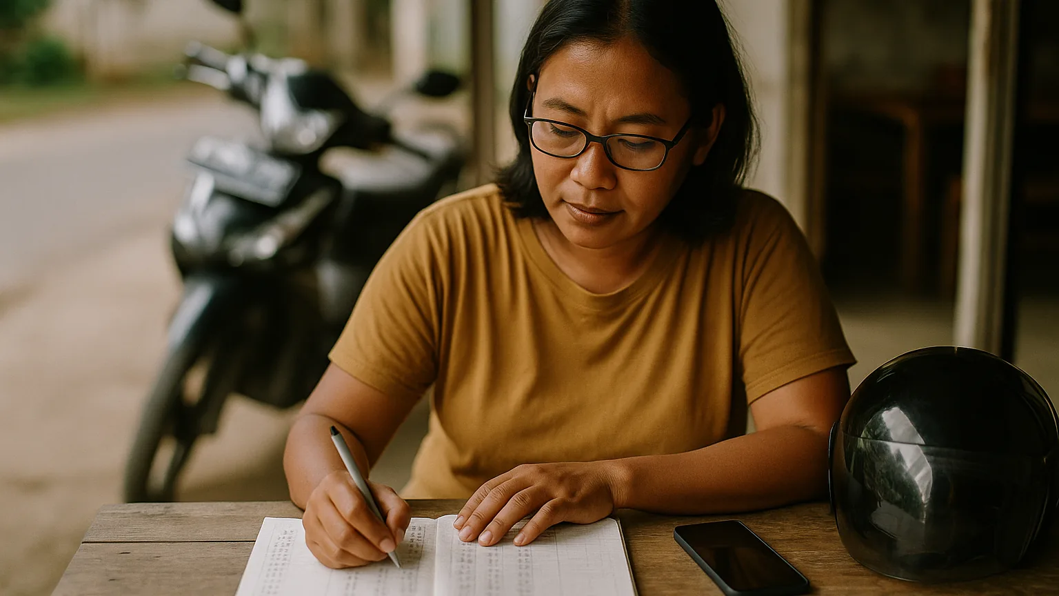 A community organiser at a warung table with a notebook, phone and helmet, going over member numbers
