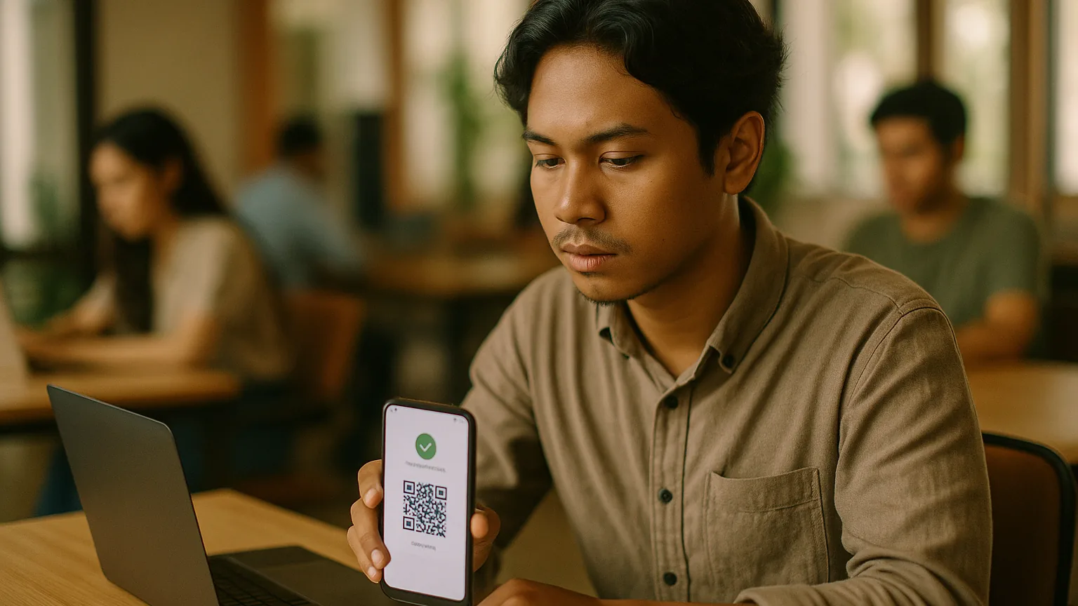 Seorang founder menyetujui pembayaran keanggotaan di ponselnya dari meja kerja bersama