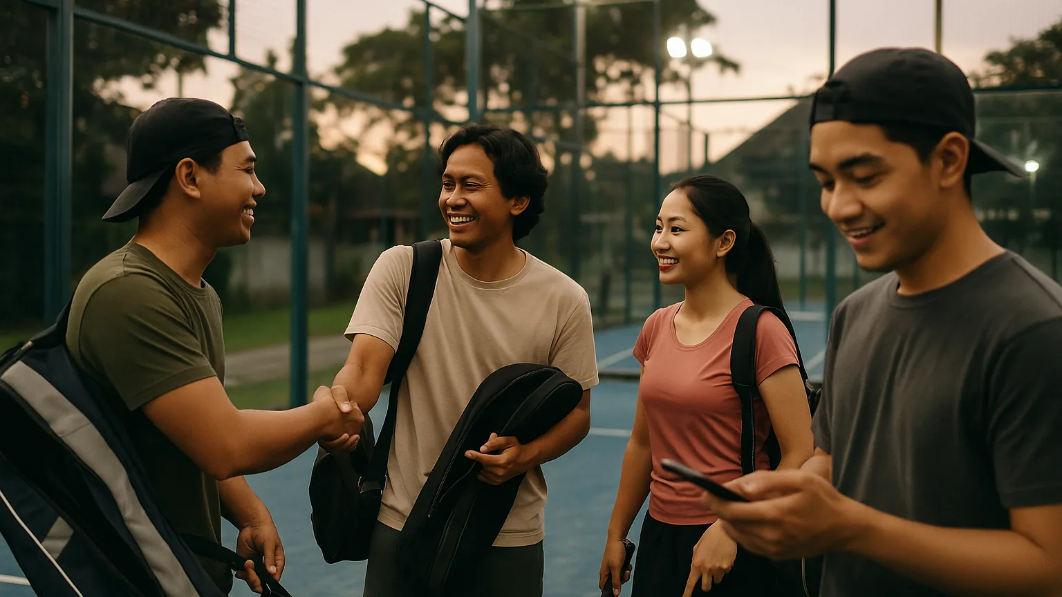 Beberapa teman tiba di lapangan padel pada sore hari, mengecek ponsel dan berpasangan untuk bermain