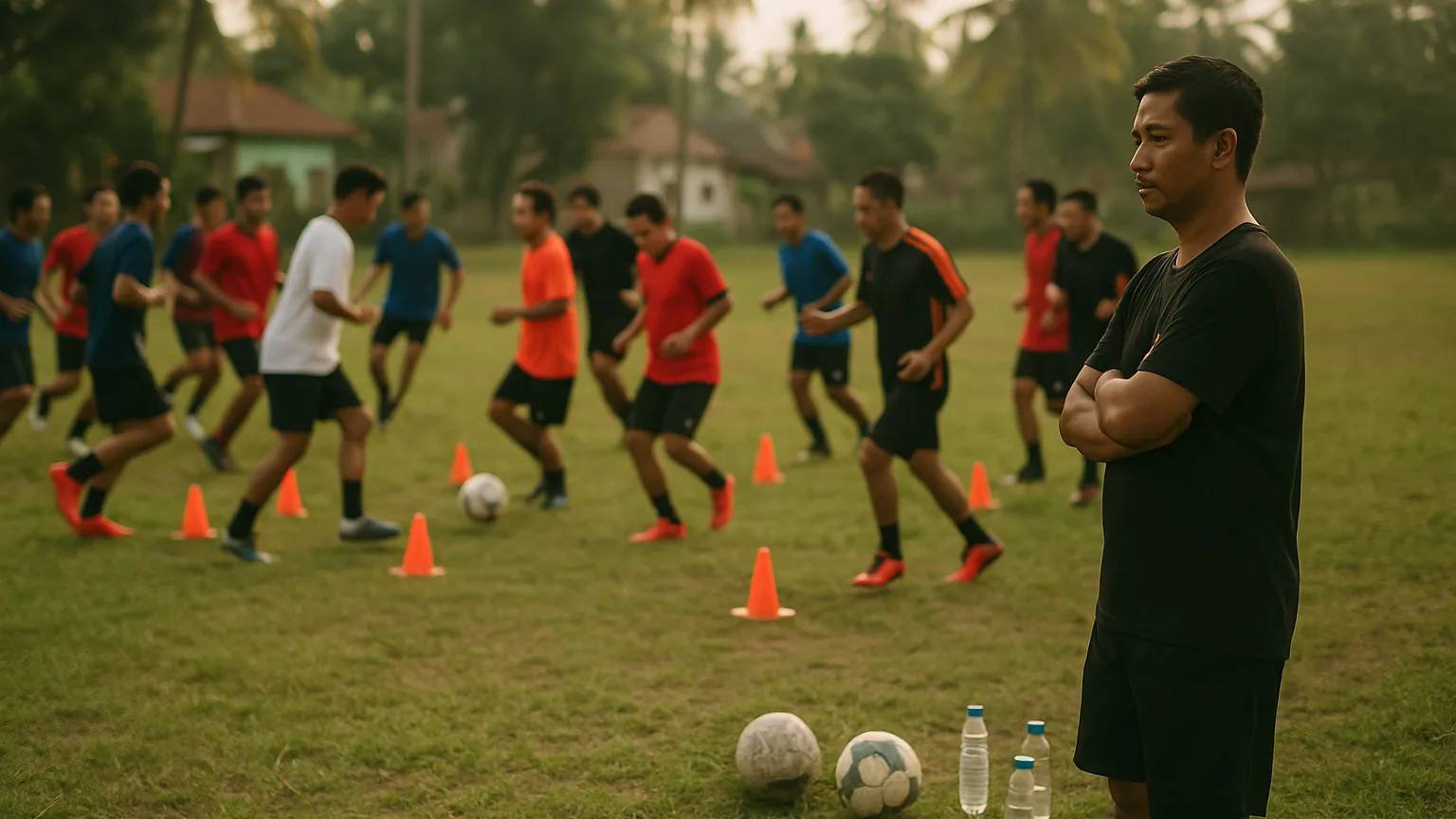 Sebuah tim sepak bola komunitas berlatih di lapangan rumput kampung pada sore hari, dengan cone tertata untuk drill