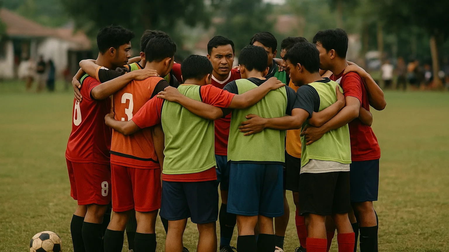 Tim sepak bola tarkam melingkar sebelum laga persahabatan, mengenakan kostum campur dan rompi