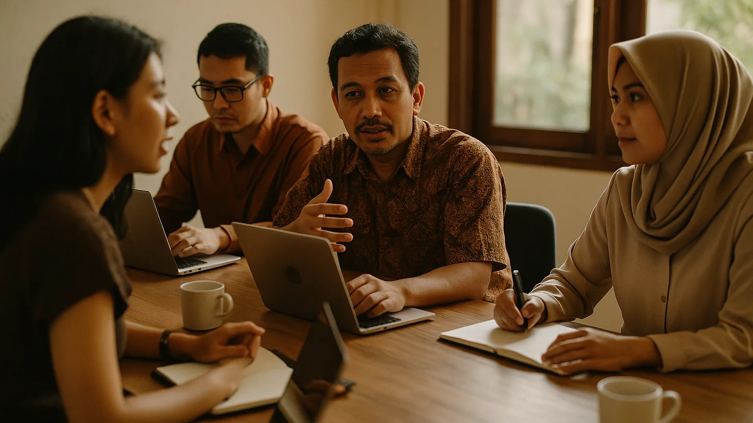 Sekelompok kecil roaster kopi rapat informal mengelilingi meja merencanakan asosiasi dagang baru