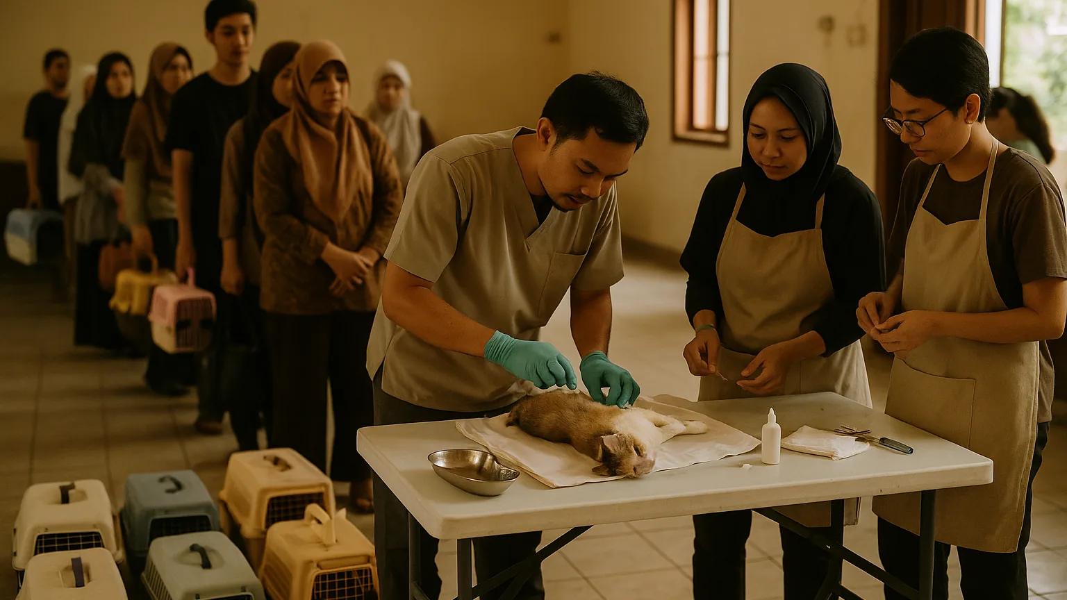 Relawan dan dokter hewan menjalankan hari sterilisasi kucing bersubsidi di balai warga