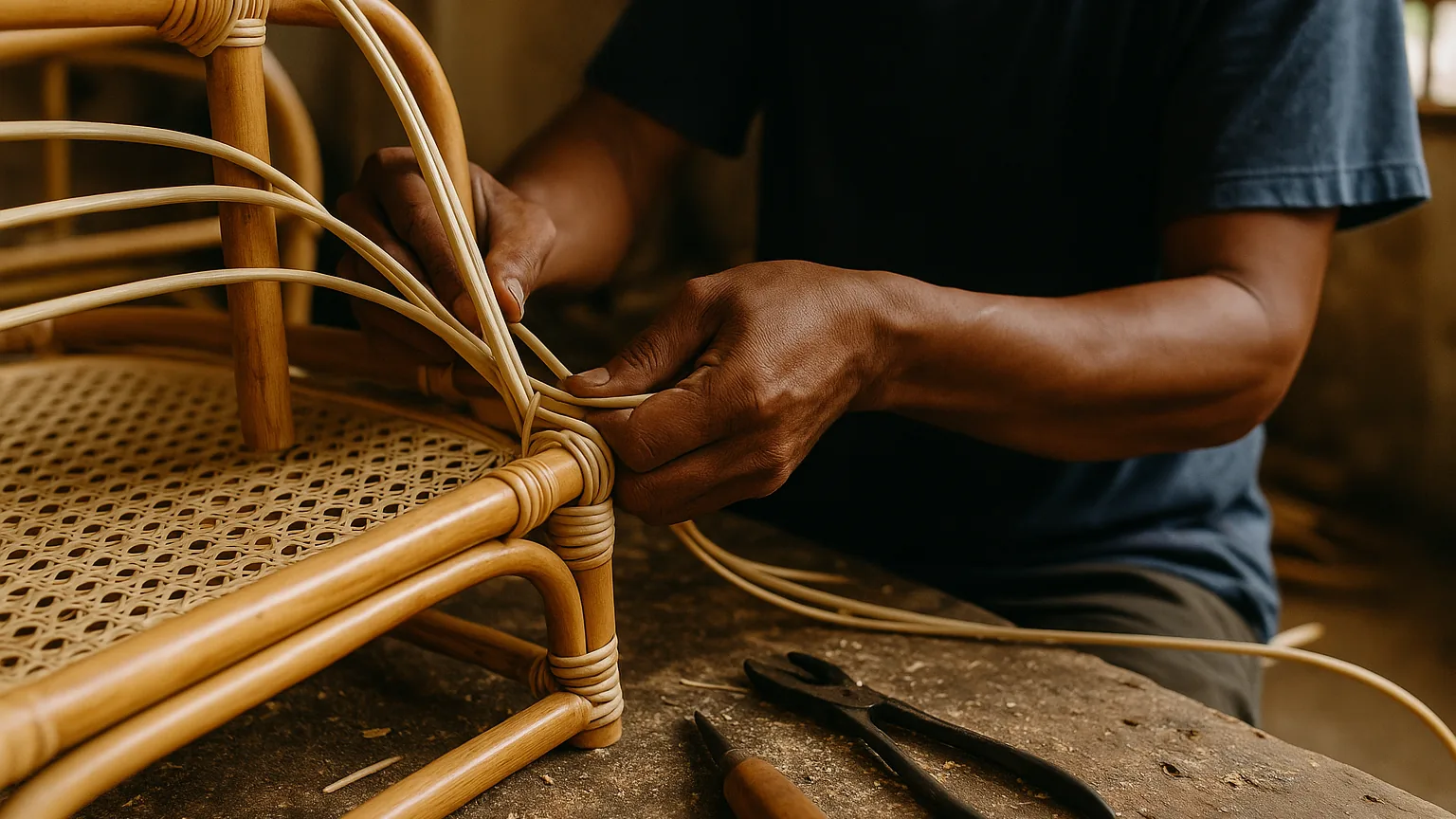 A rattan weaver at work in a Cirebon workshop, shaping a chair frame by hand