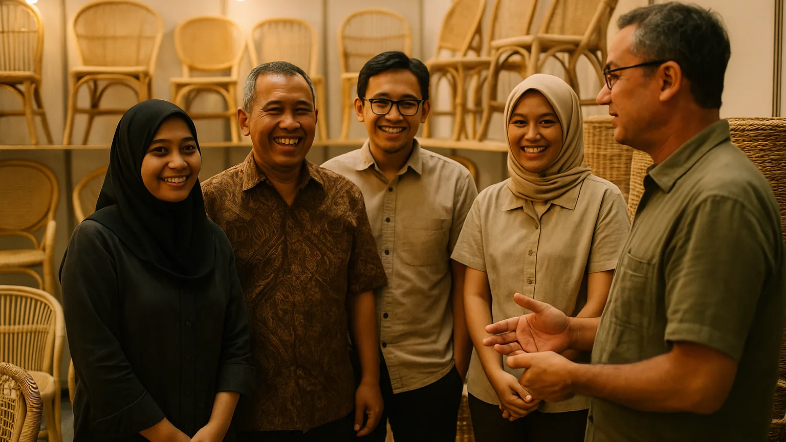 Guild members standing together at their rattan furniture stand at a trade fair