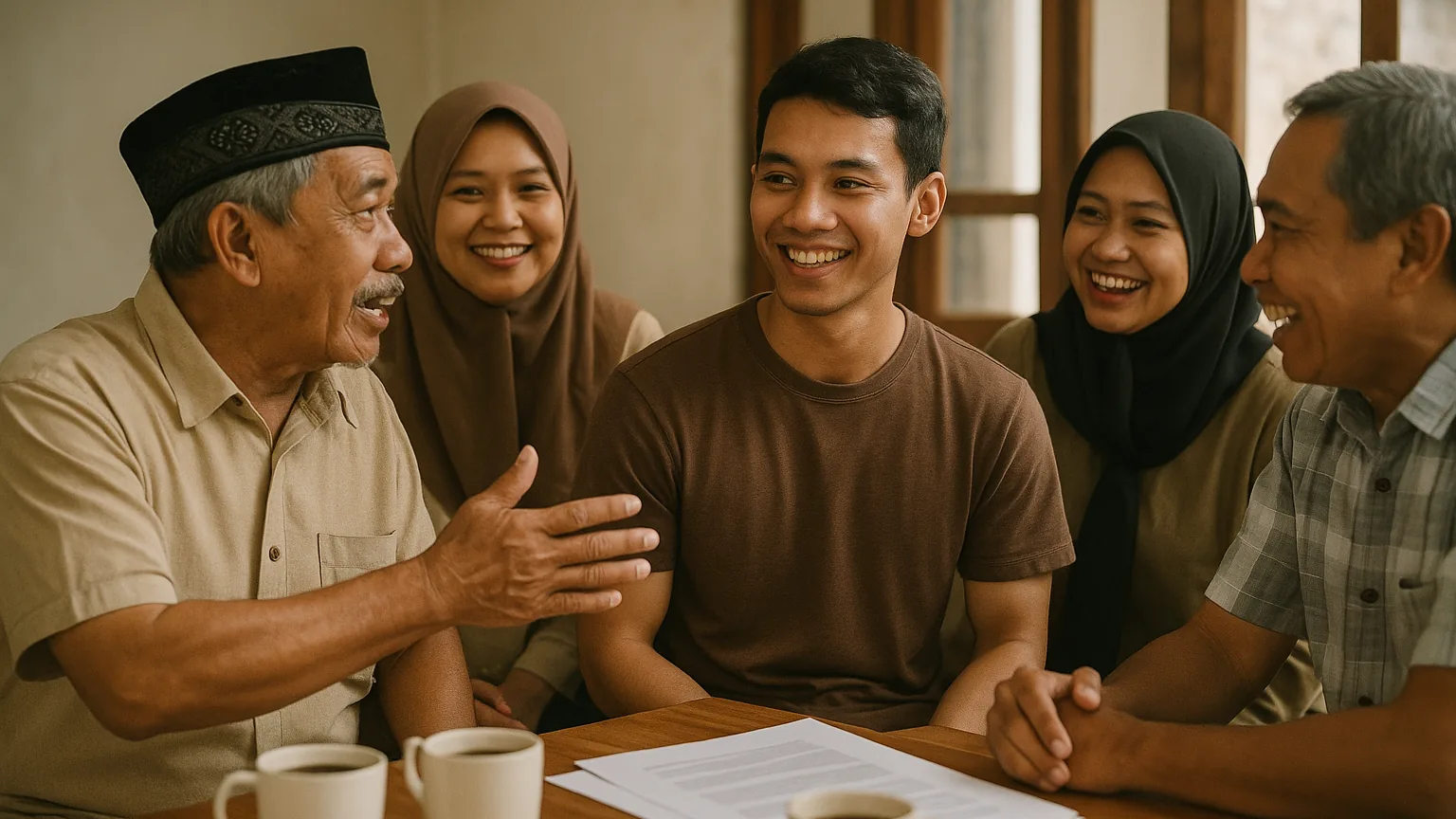 Members of a community group chatting warmly with a newcomer at an informal meetup