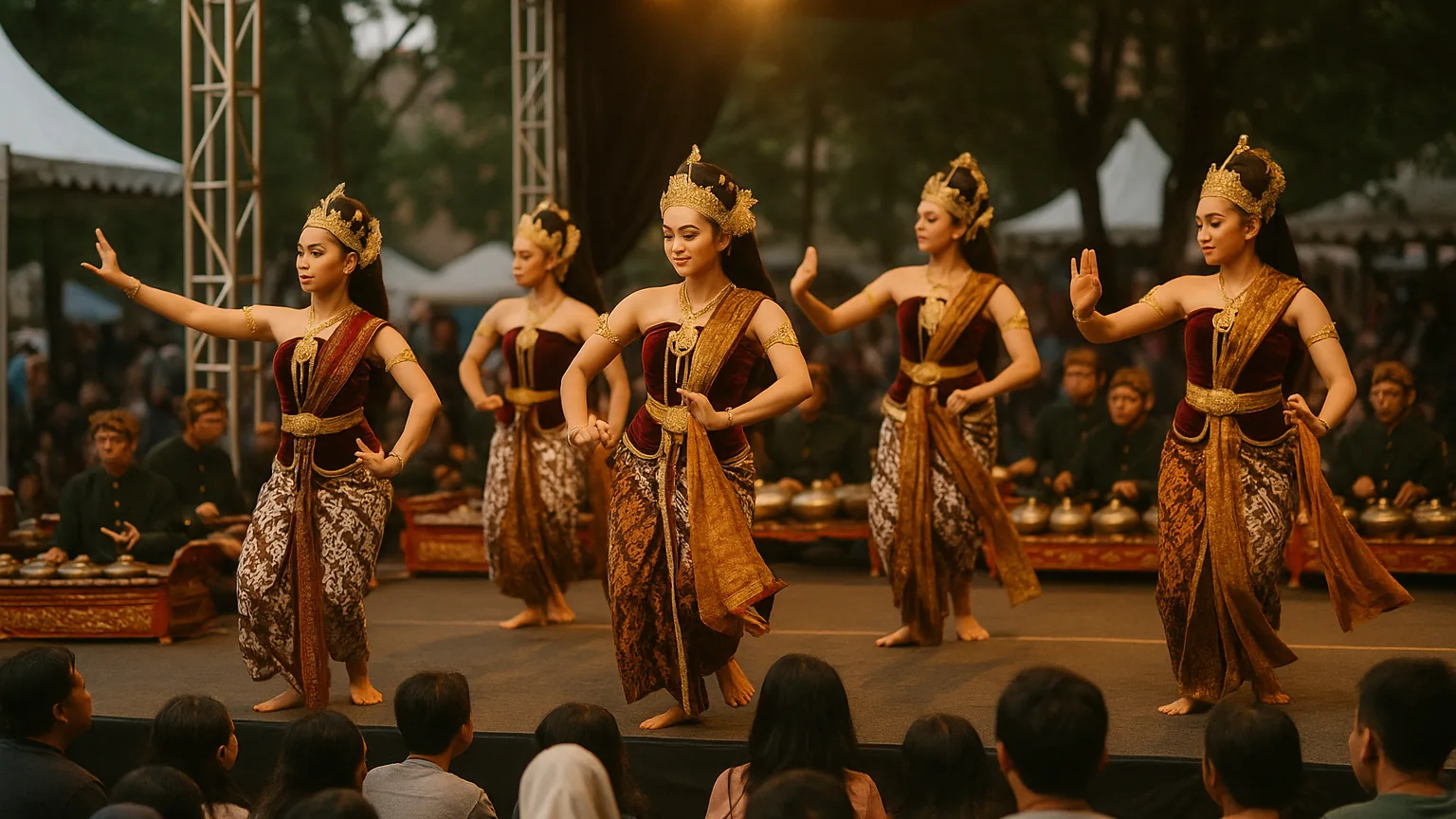 A traditional Javanese dance troupe performing on an outdoor stage, dancers in full costume with gamelan players behind them