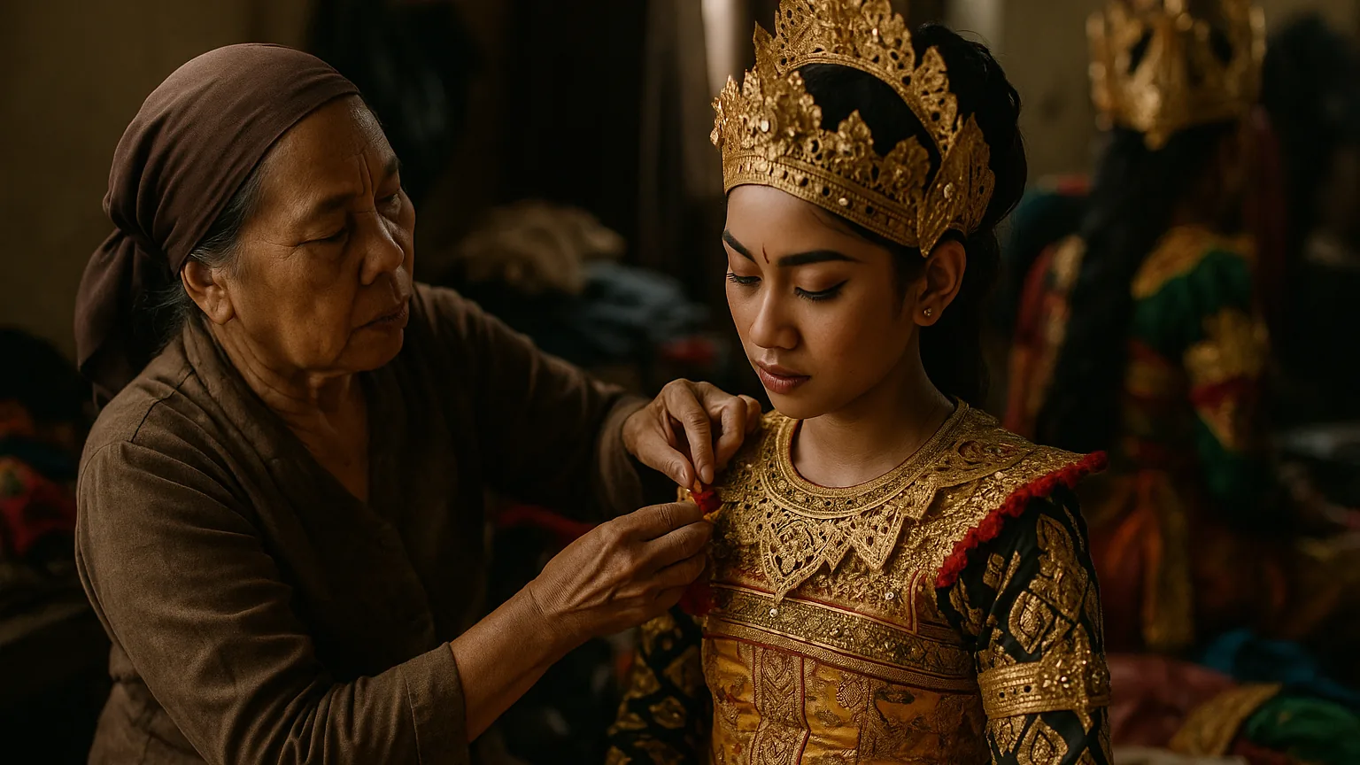 Backstage, an older woman helps a young dancer adjust an elaborate traditional costume and headdress before a performance