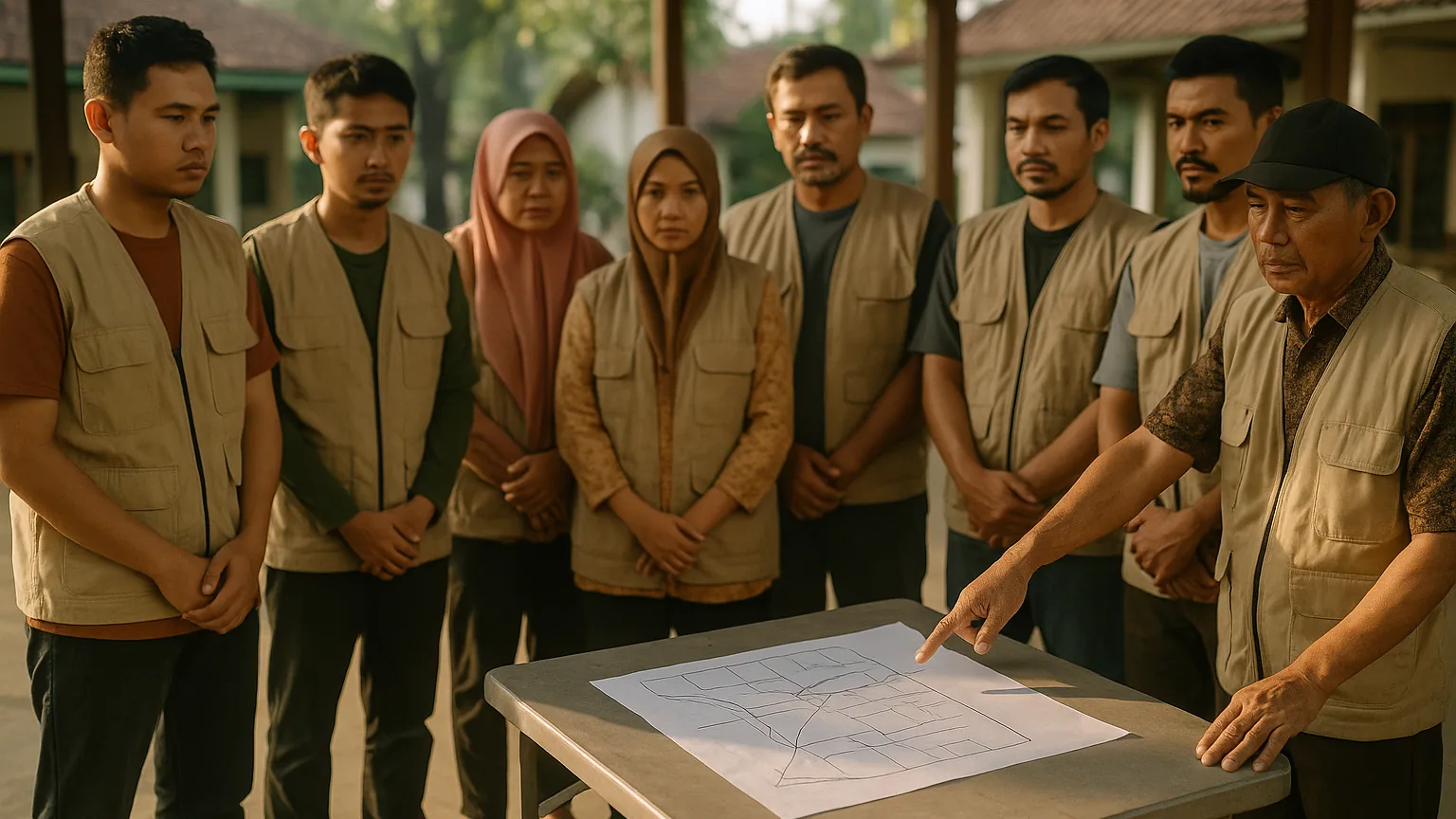 Relawan berkumpul untuk pengarahan tatap muka sebelum penerjunan komunitas