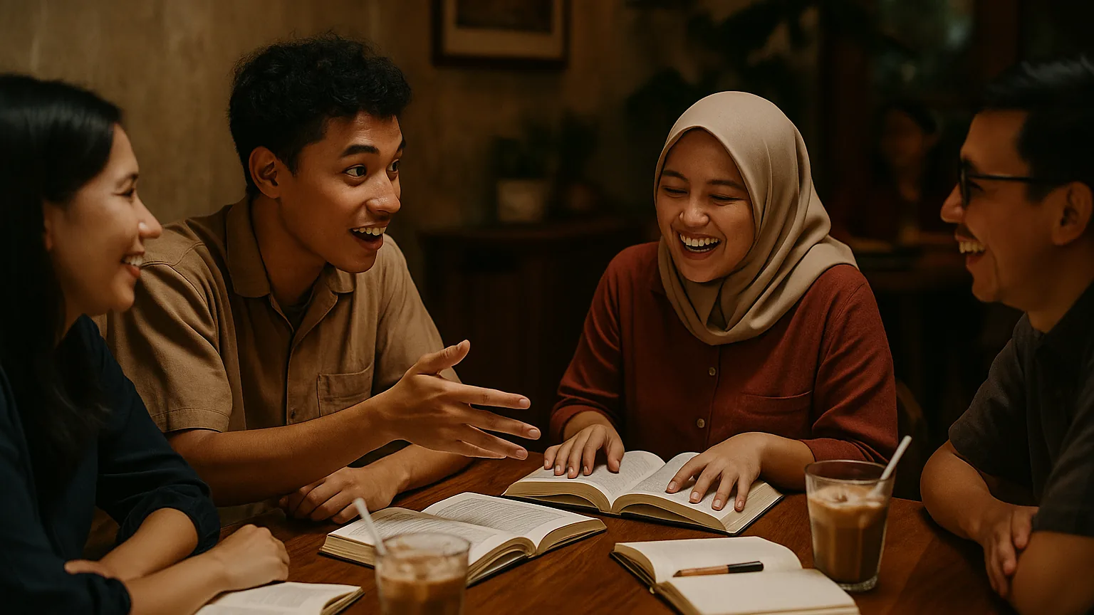 Anggota klub buku berdiskusi seru mengelilingi meja di ruang belakang sebuah kafe