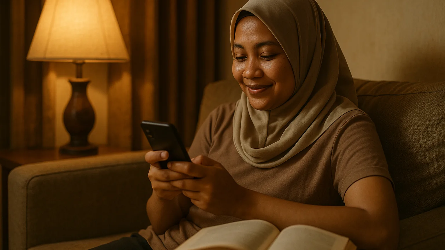 Seorang anggota di rumah tersenyum melihat pesan di grup obrolan komunitas pada ponselnya