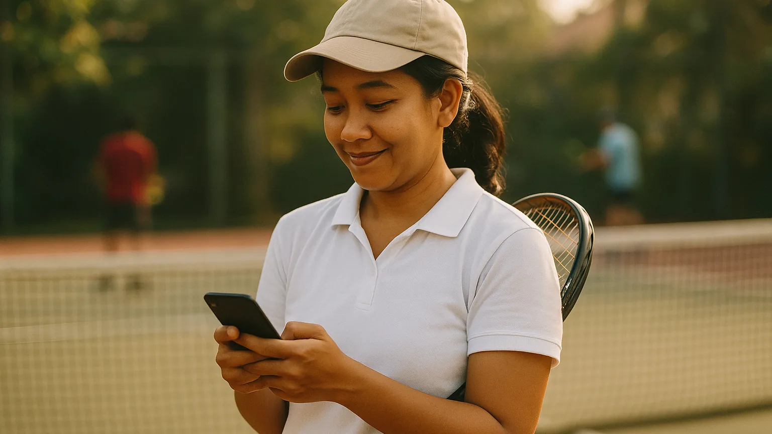 A tennis club member checking her phone courtside between games