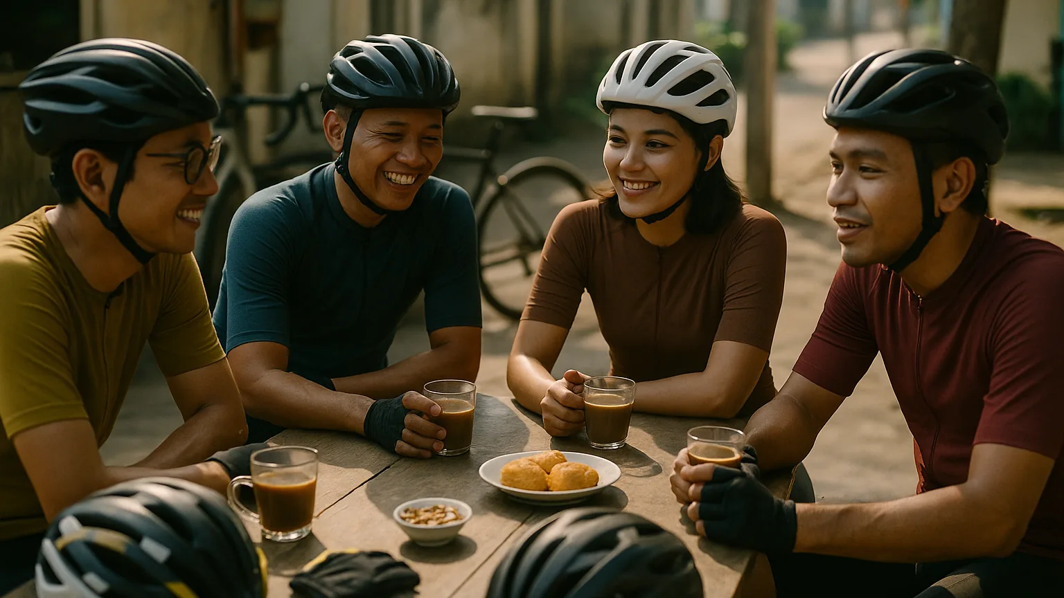 Members of a community cycling club chatting over coffee after a weekend ride