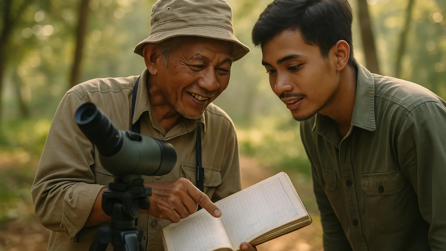 Pengamat burung senior dengan spotting scope dan buku catatan lusuh, berbagi jumpaan dengan anggota yang lebih muda
