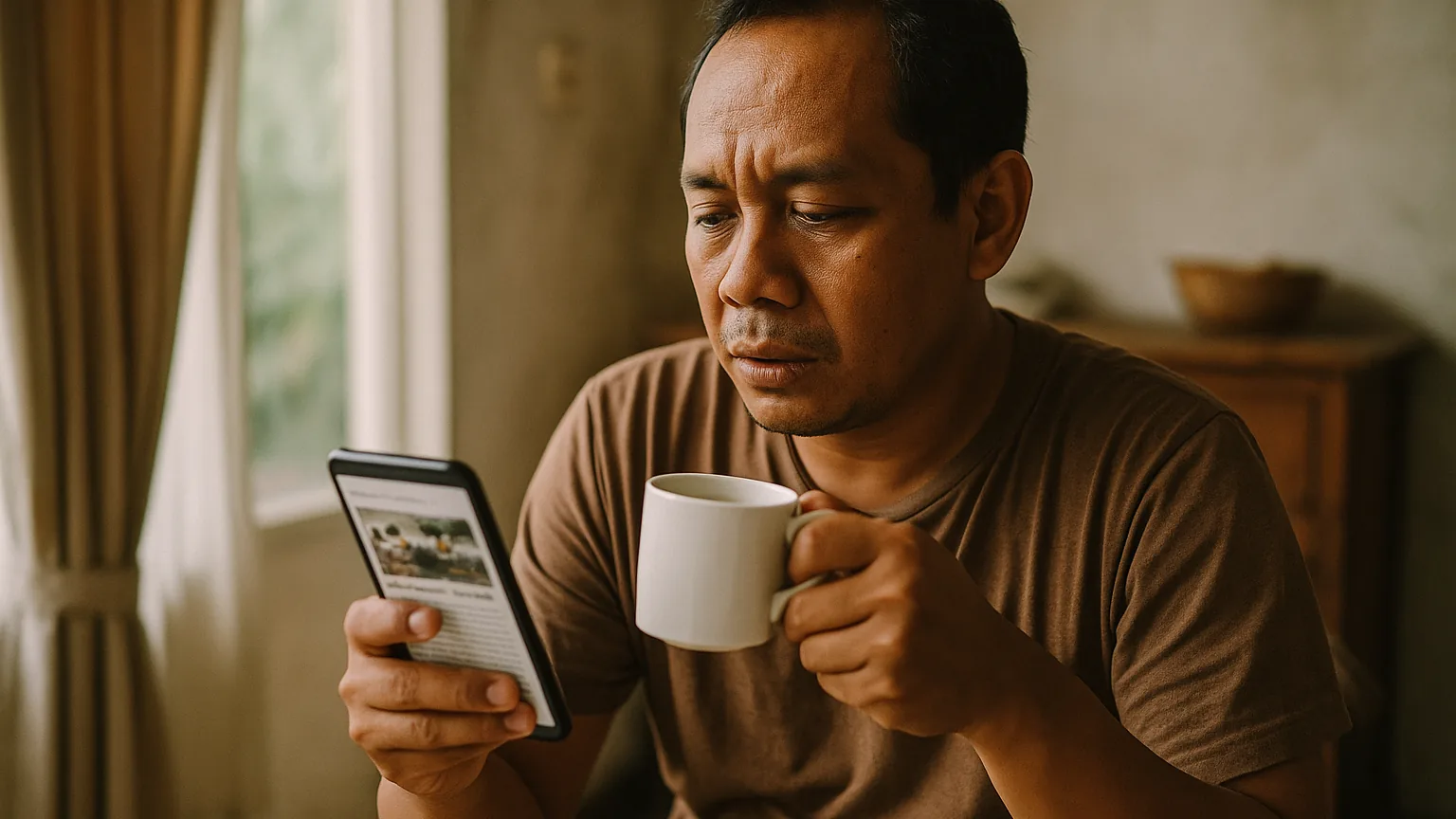Seorang anggota membaca buletin komunitas di ponsel sambil ngopi pagi di rumah