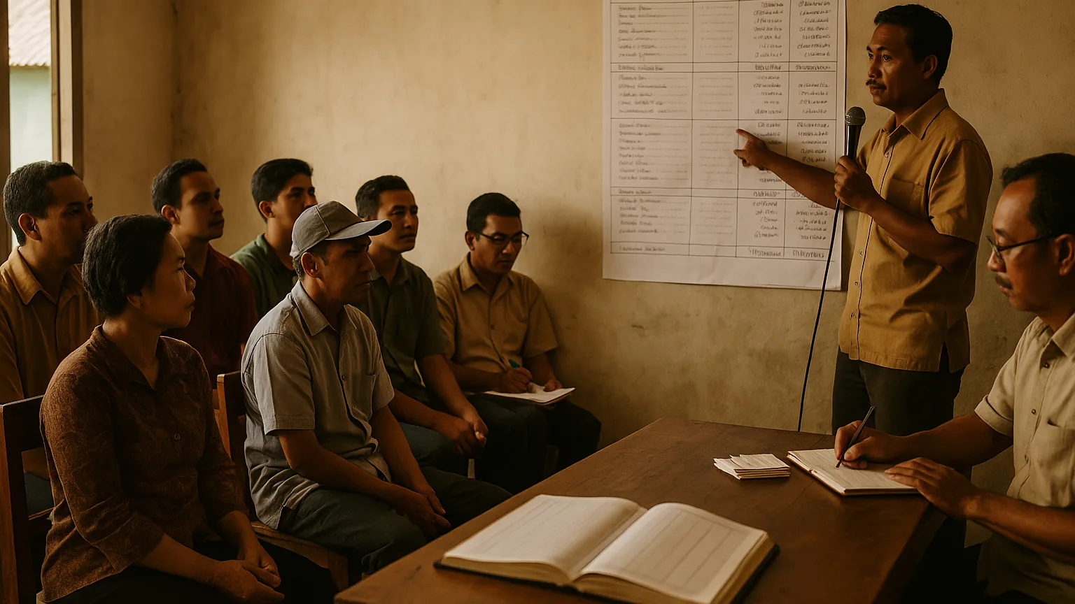 Members of a neighbourhood cooperative at their annual meeting, a treasurer showing the accounts