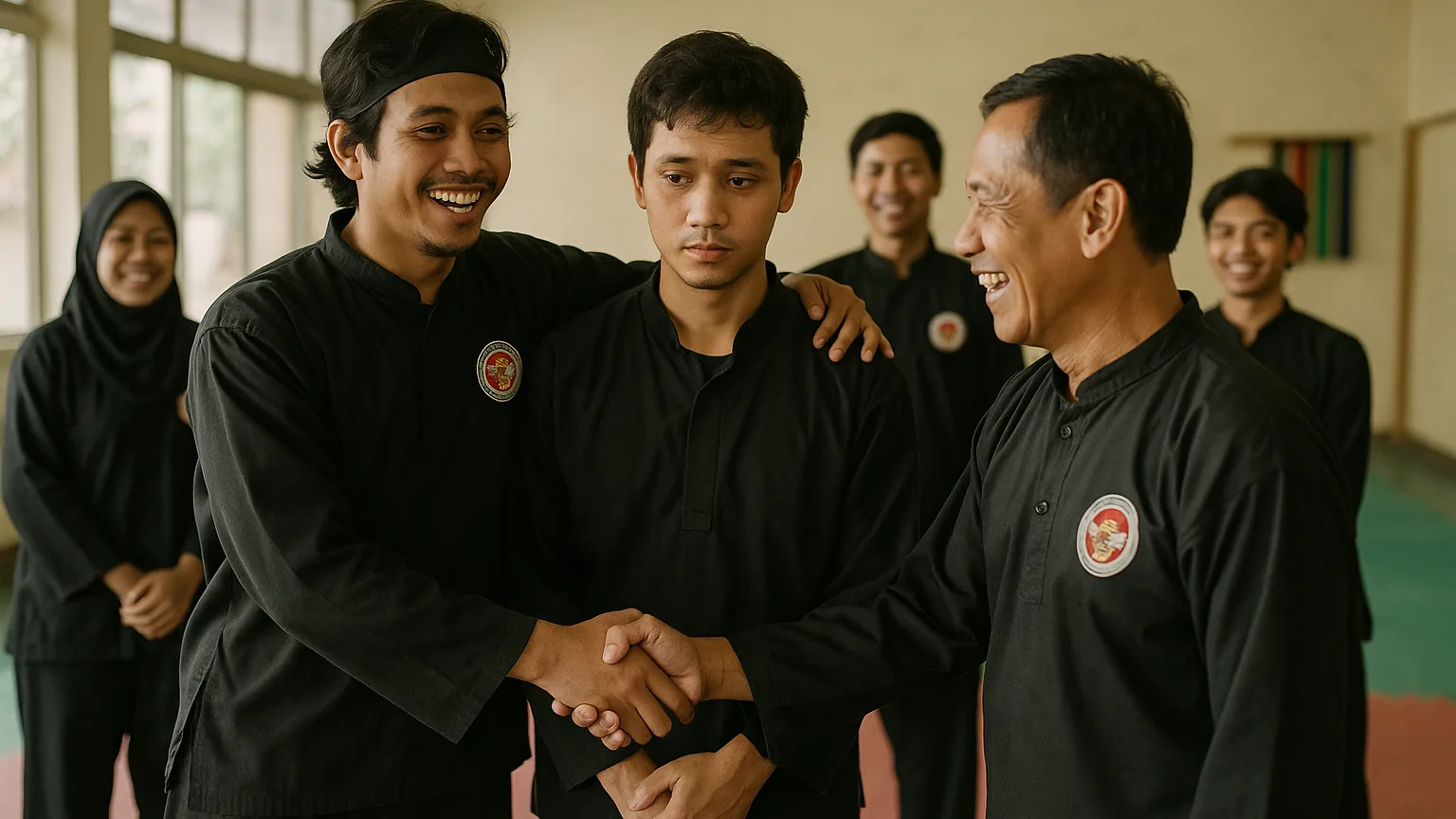 A pencak silat member introducing a friend to the group before a training session in the sasana