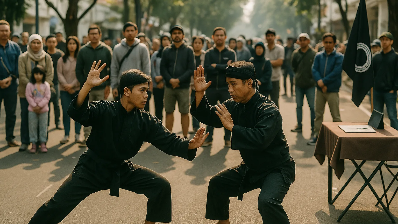 Pencak silat members giving a short live demonstration to a crowd of passers-by during a Sunday Car Free Day event